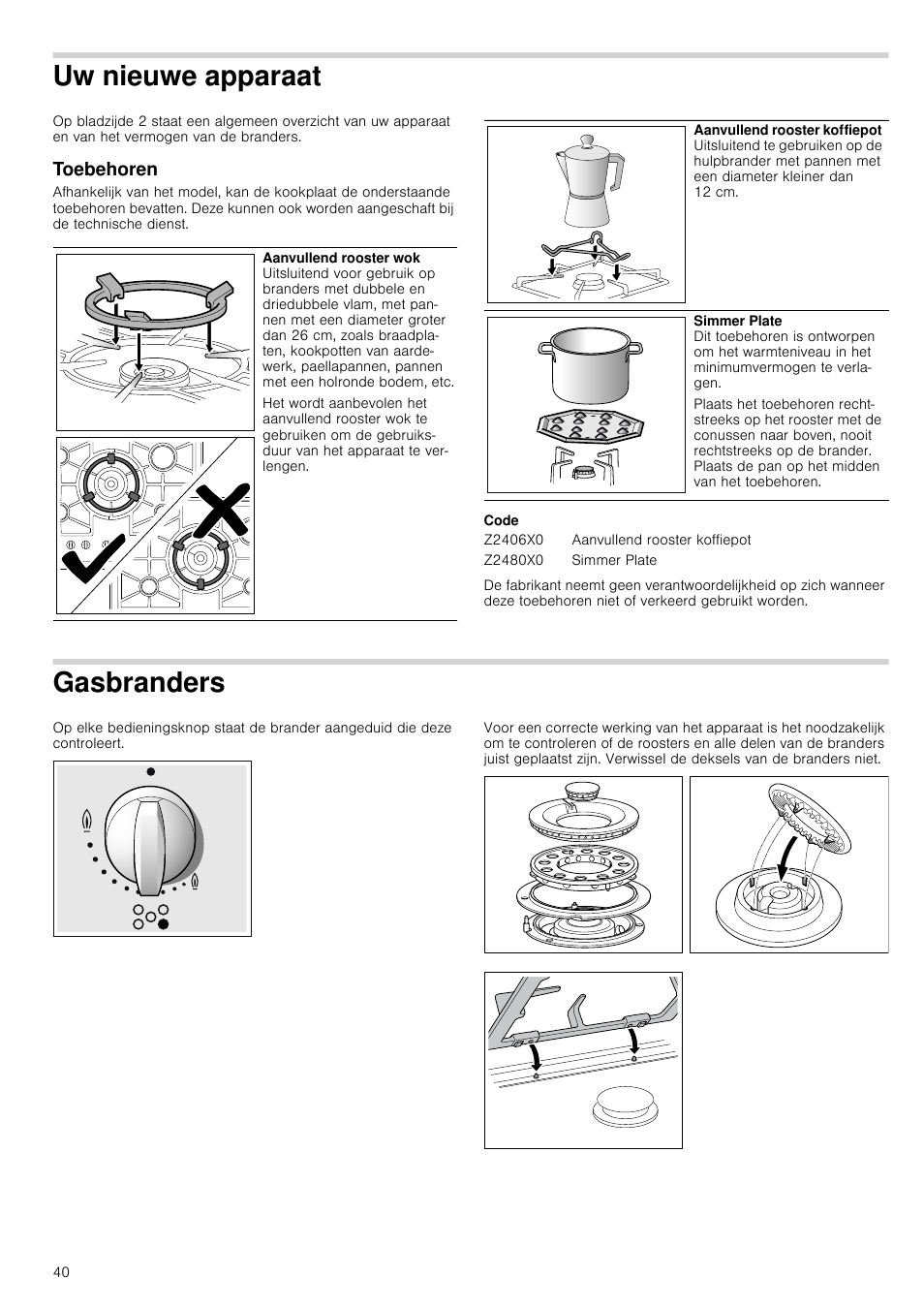 Uw nieuwe apparaat, Toebehoren, Code | Gasbranders | Neff T66S66N0 User Manual | Page 40 / 45