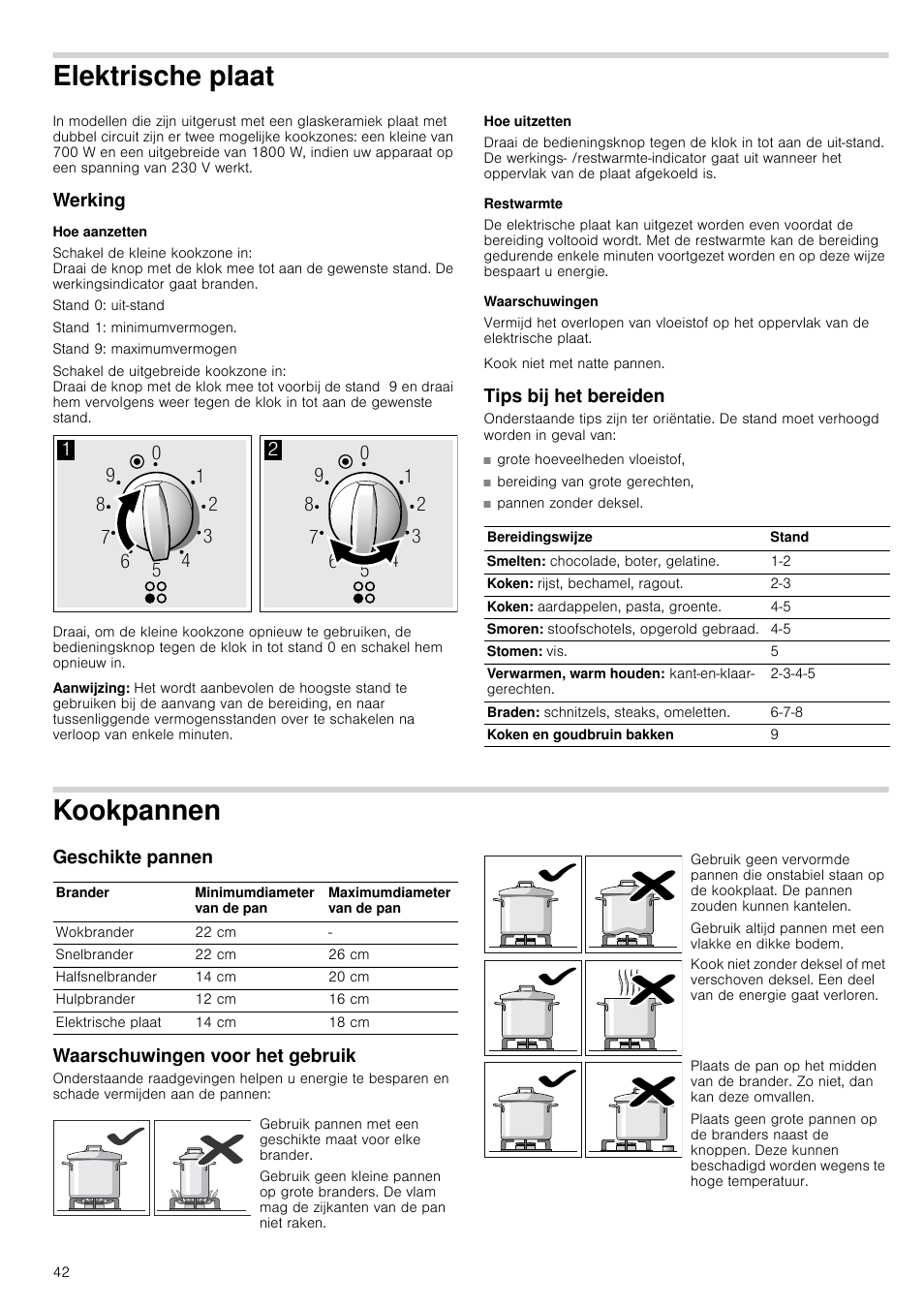 Elektrische plaat, Werking, Hoe aanzetten | Aanwijzing, Hoe uitzetten, Restwarmte, Waarschuwingen, Tips bij het bereiden, Bereiding van grote gerechten, Kookpannen | Neff T66S66N0 User Manual | Page 42 / 45