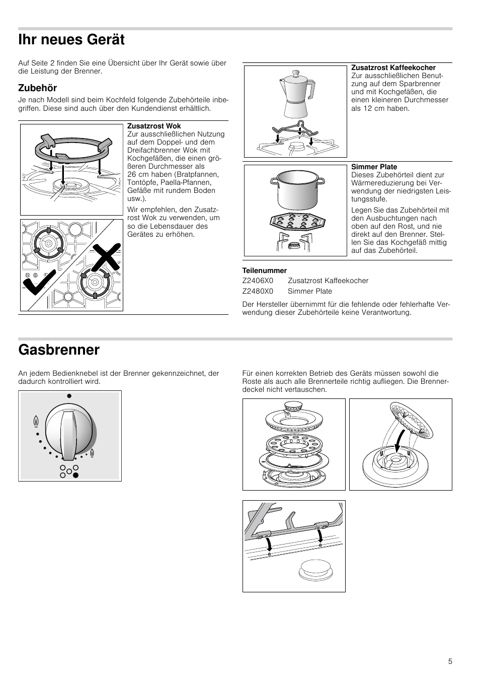 Ihr neues gerät, Zubehör, Teilenummer | Gasbrenner, Zubehör gasbrenner | Neff T66S66N0 User Manual | Page 5 / 45