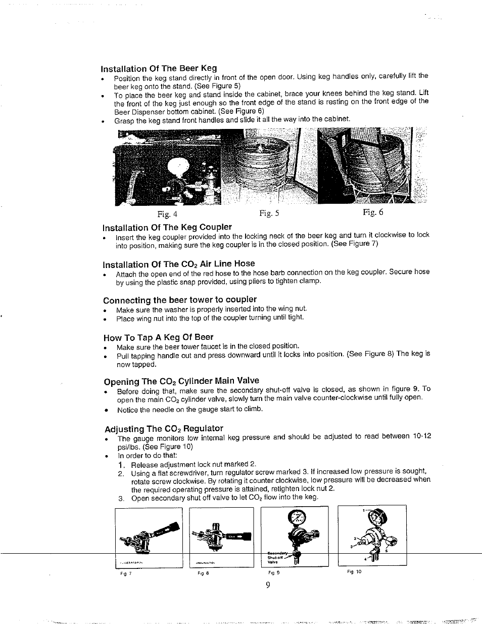 Installation of the beer keg, Installation of the keg coupler, Installation of the co2 air line hose | Connecting the beer tower to coupler, How to tap a keg of beer, Opening the co2 cylinder main valve, Adjusting the co2 regulator | Avanti BD555 User Manual | Page 10 / 31