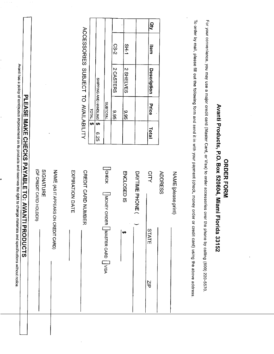 Order form, Name (please print), Address | City, State, Daytime phone ( ), Enclosed is, Credit card number expiration date, Signature, Please make checks payable to: avanti products | Avanti BD555 User Manual | Page 2 / 31