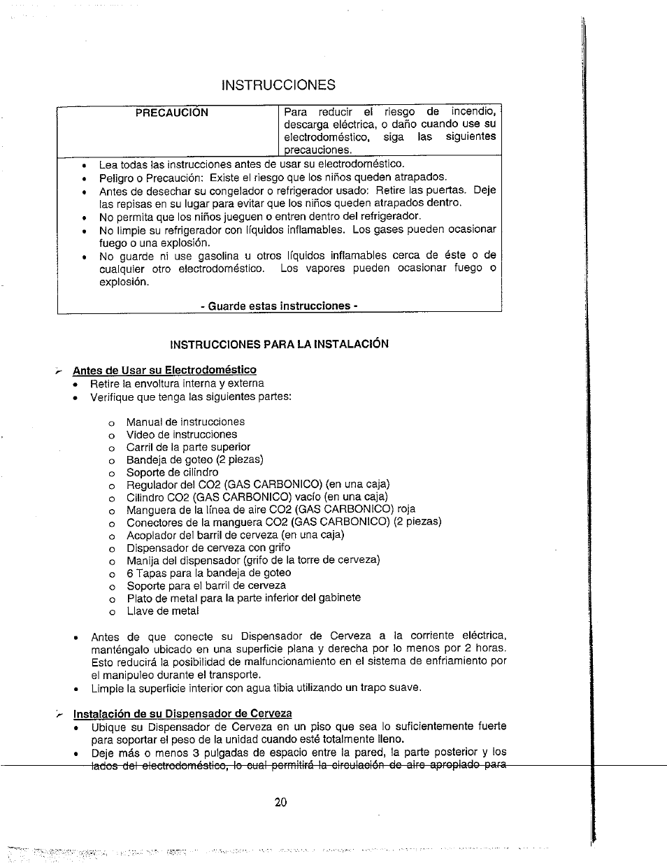 Guarde estas instrucciones, Instrucciones para la instalacion, Antes de usar su electrodoméstico | Instalación de su dispensador de cerveza, Instrucciones | Avanti BD555 User Manual | Page 21 / 31