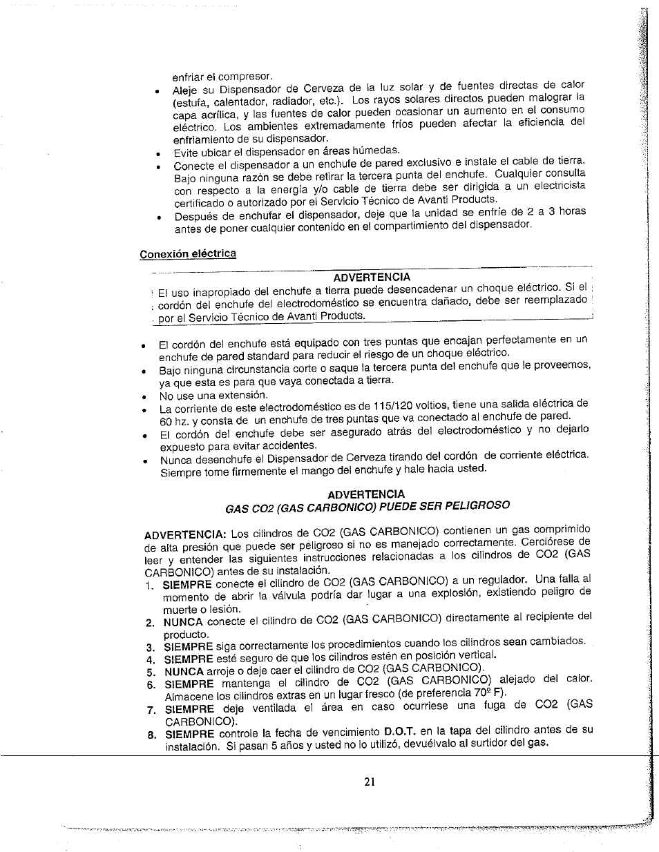 Advertencia | Avanti BD555 User Manual | Page 22 / 31