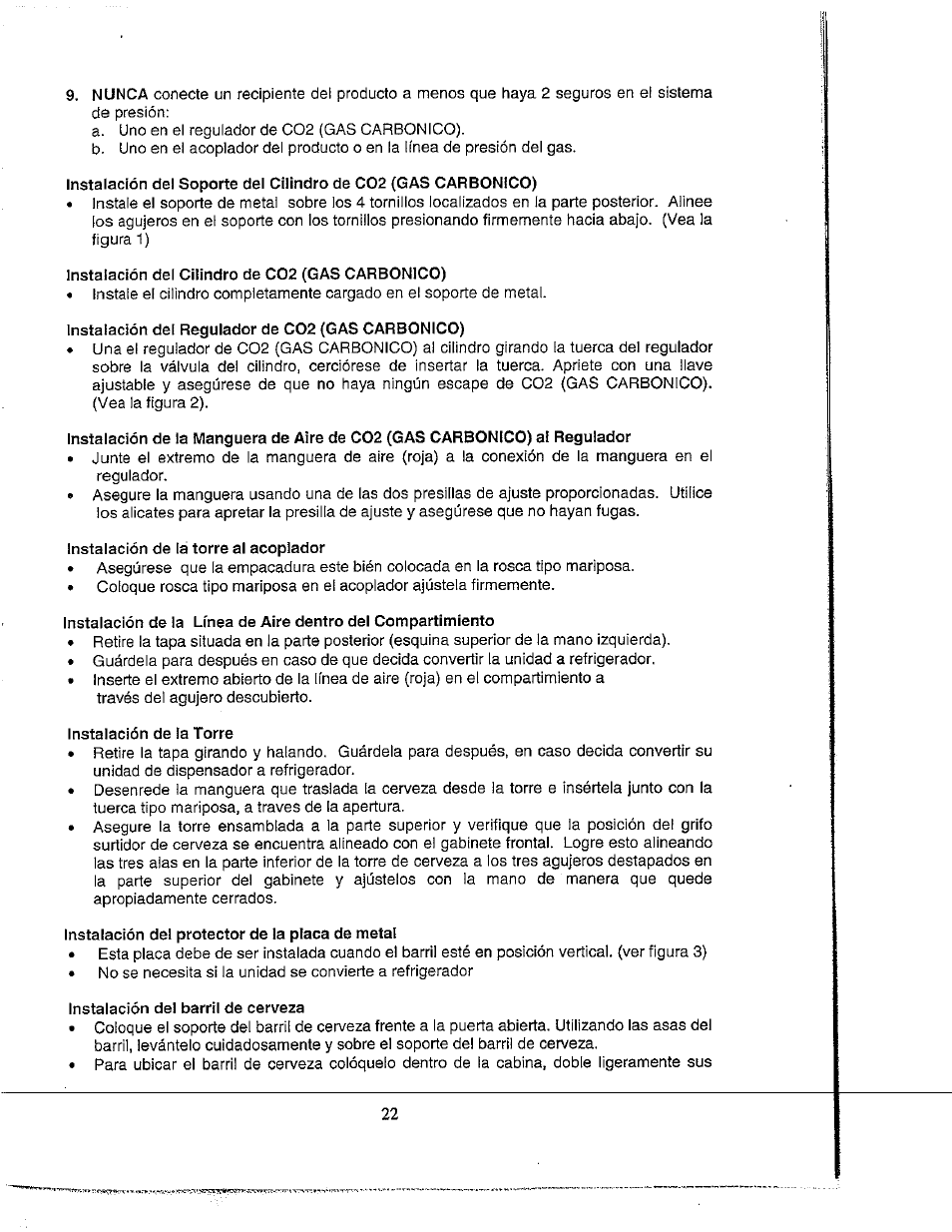 Instalación del cilindro de c02 (gas carbonico), Instalación dei regulador de c02 (gas carbonico), Instalación de la torre al acoplador | Instalación de la torre, Instalación del protector de la placa de metal, Instalación del barril de cerveza | Avanti BD555 User Manual | Page 23 / 31