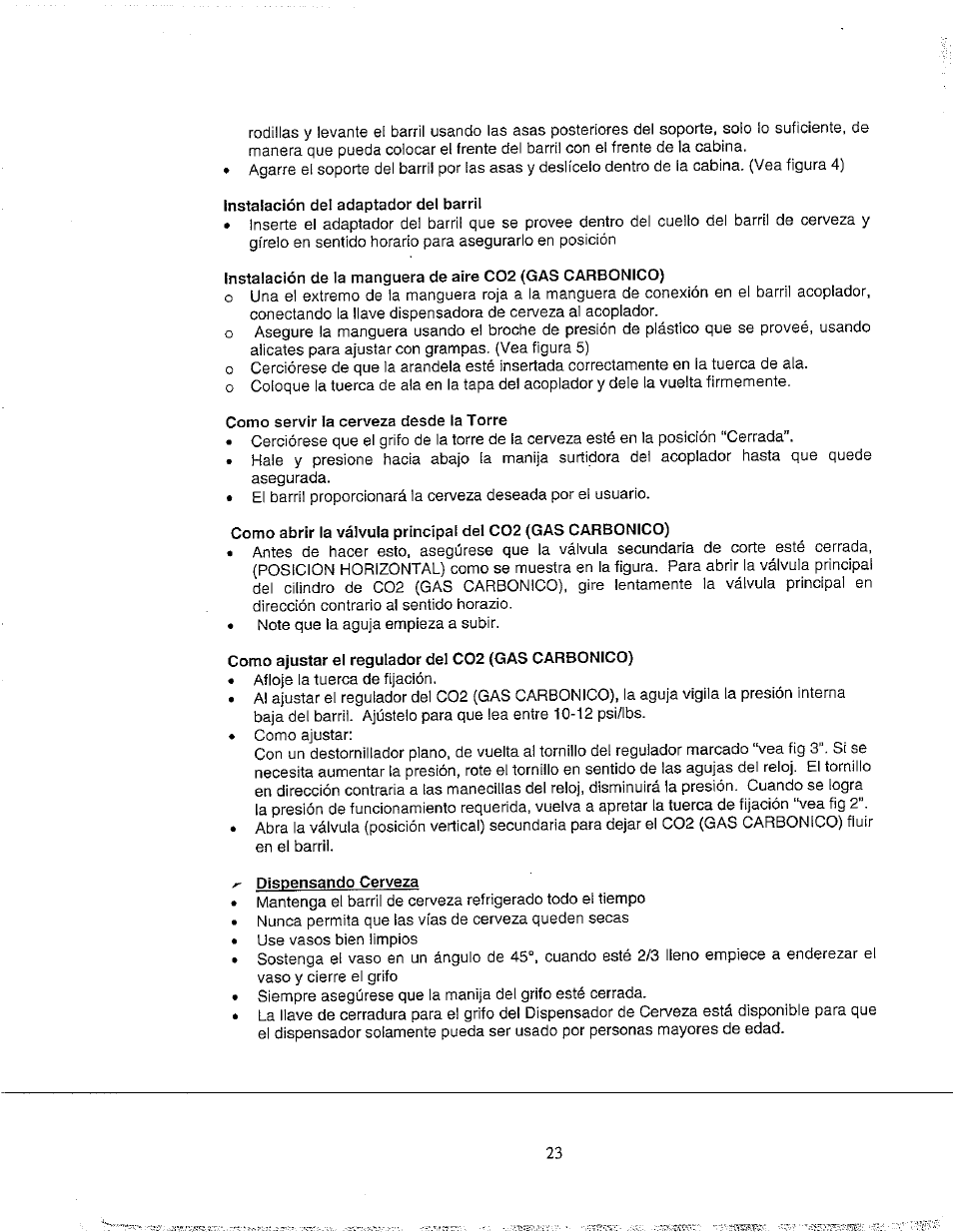 Instalación del adaptador del barril, Como servir la cerveza desde la torre, Como ajustar el regulador del c02 (gas carbonico) | Dispensando cerveza | Avanti BD555 User Manual | Page 24 / 31