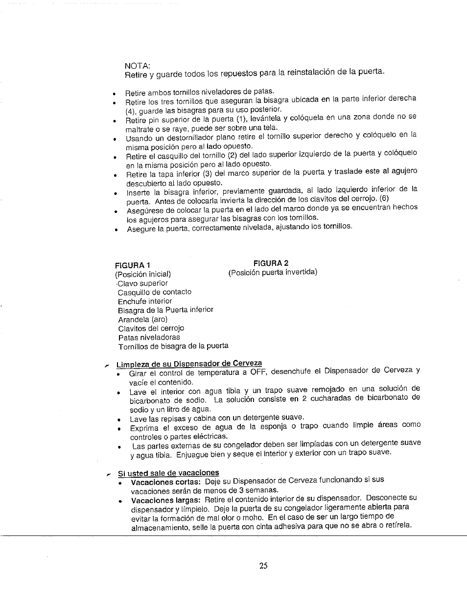 Figura 1 figura 2, Limpieza de su dispensador de cerveza, Si usted sale de vacaciones | Avanti BD555 User Manual | Page 26 / 31