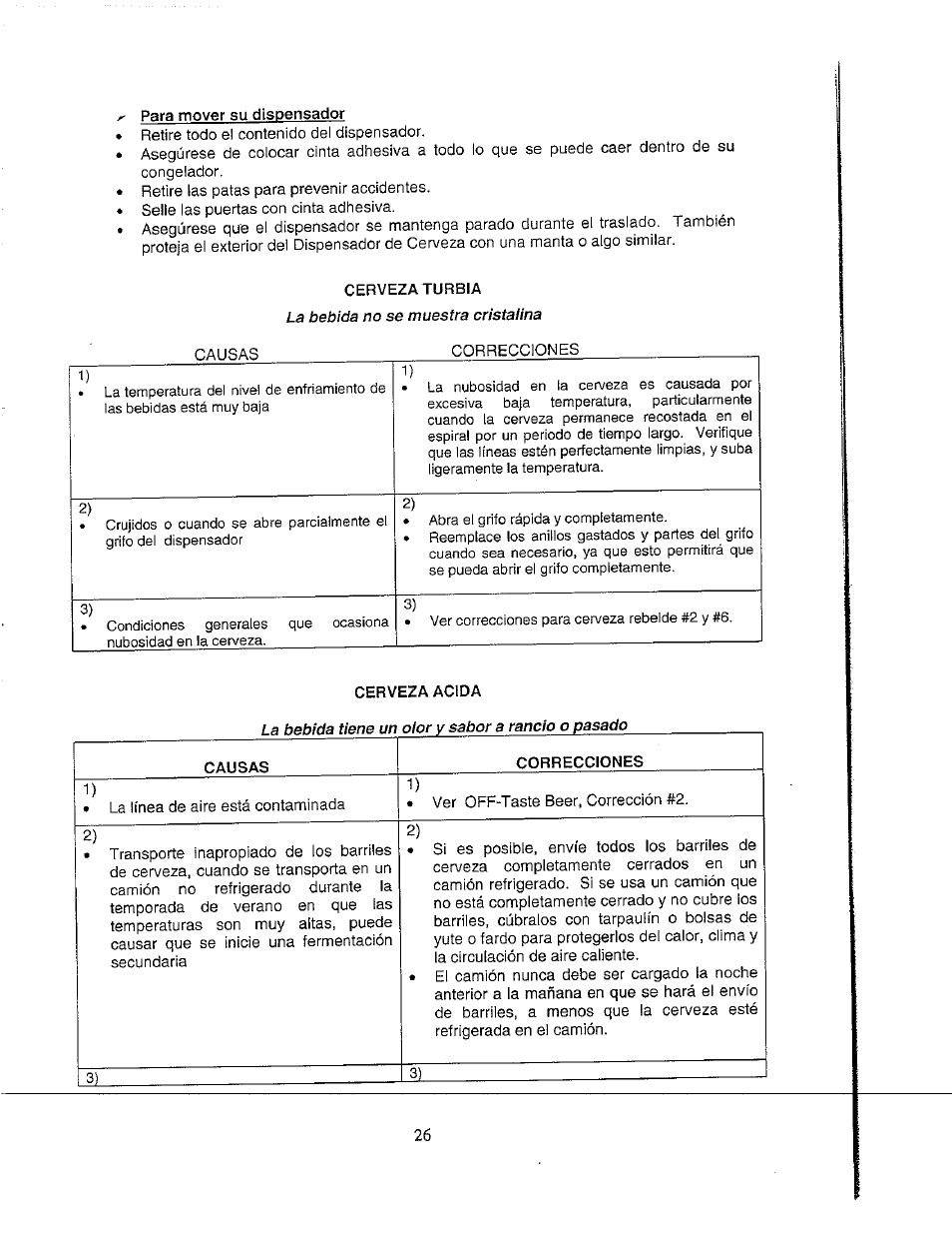Para mover su dispensador, Cerveza acida | Avanti BD555 User Manual | Page 27 / 31