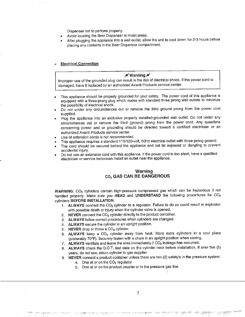 Warning, Co2 gas can be dangerous | Avanti BD555 User Manual | Page 8 / 31