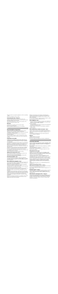 Screw the appliance firmly in place, Connecting the hob - picture 5, Removal | Disconnect the appliance from the power supply, Undo the securing screws, Recommandations importantes, Préparation du meuble, Appareil sous le plan de travail - fig. 1, Encastrement angulaire - fig. 2, Raccordement de l'appareil - fig. 3 | Neff E18M43N3 User Manual | Page 4 / 8