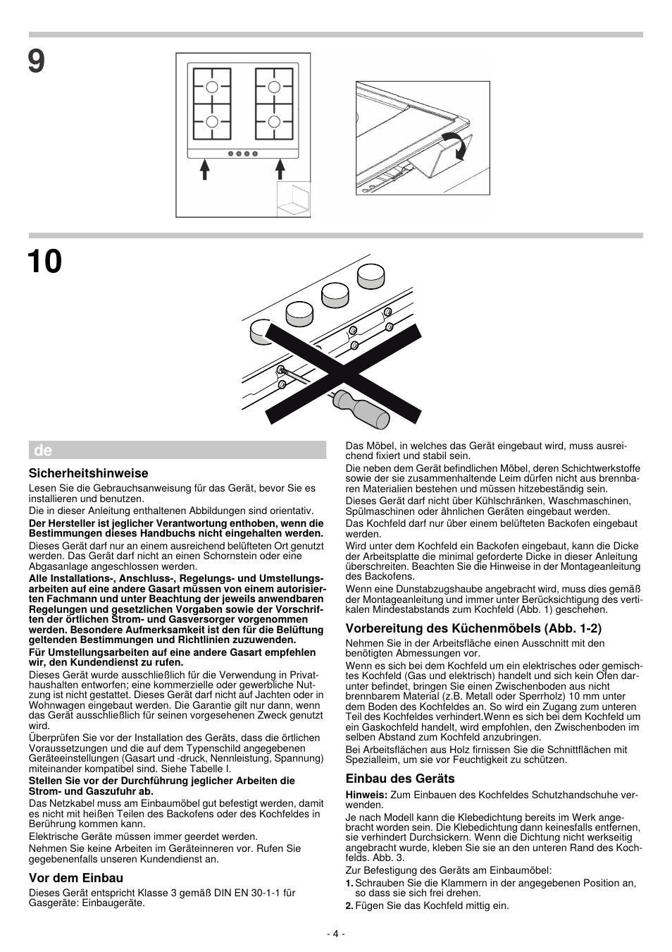 Sicherheitshinweise, Vor dem einbau, Vorbereitung des küchenmöbels (abb. 1-2) | Einbau des geräts | Neff T23S36N0 User Manual | Page 4 / 20