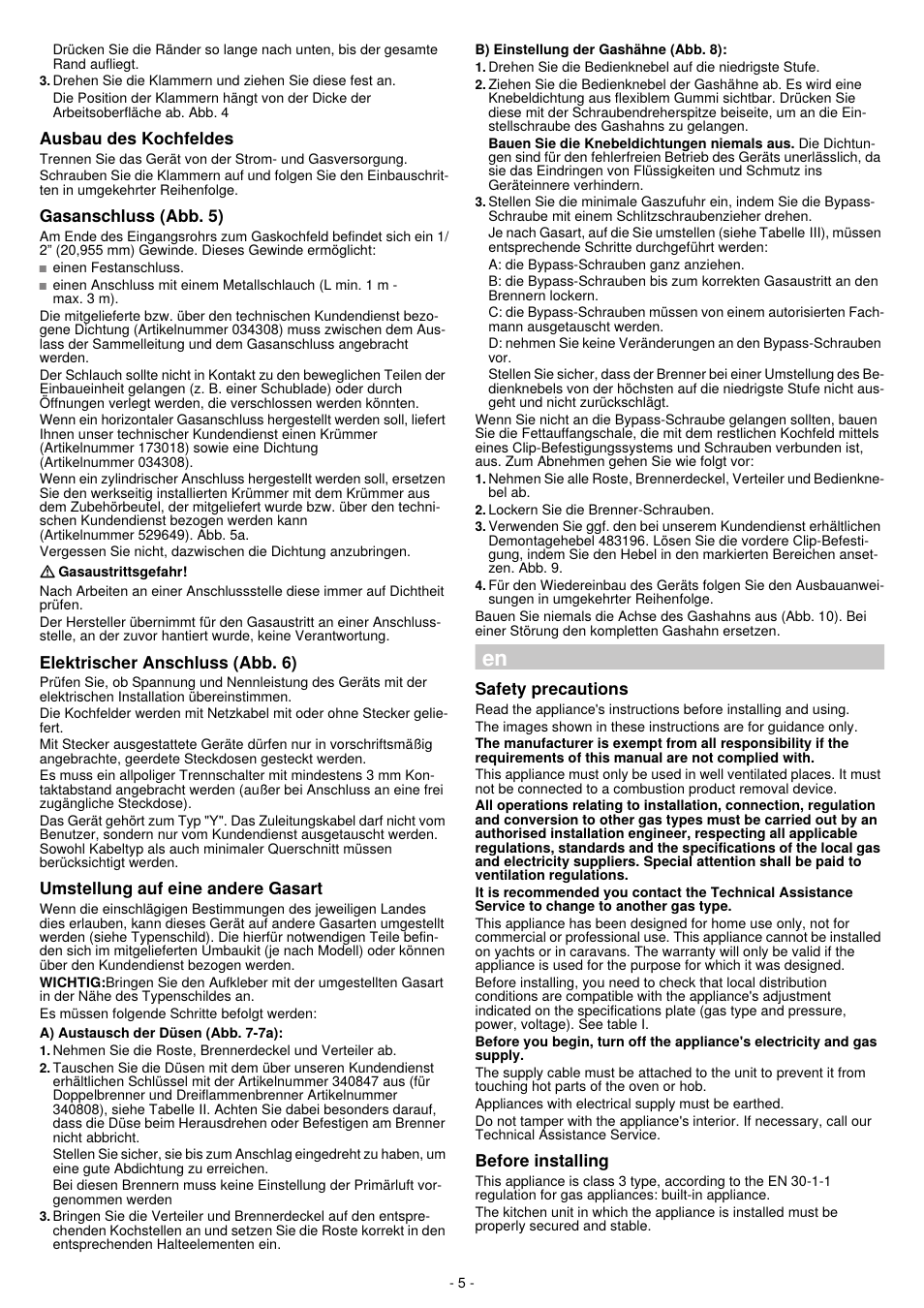 Ausbau des kochfeldes, Gasanschluss (abb. 5), Elektrischer anschluss (abb. 6) | Umstellung auf eine andere gasart, Safety precautions, Before installing | Neff T23S36N0 User Manual | Page 5 / 20