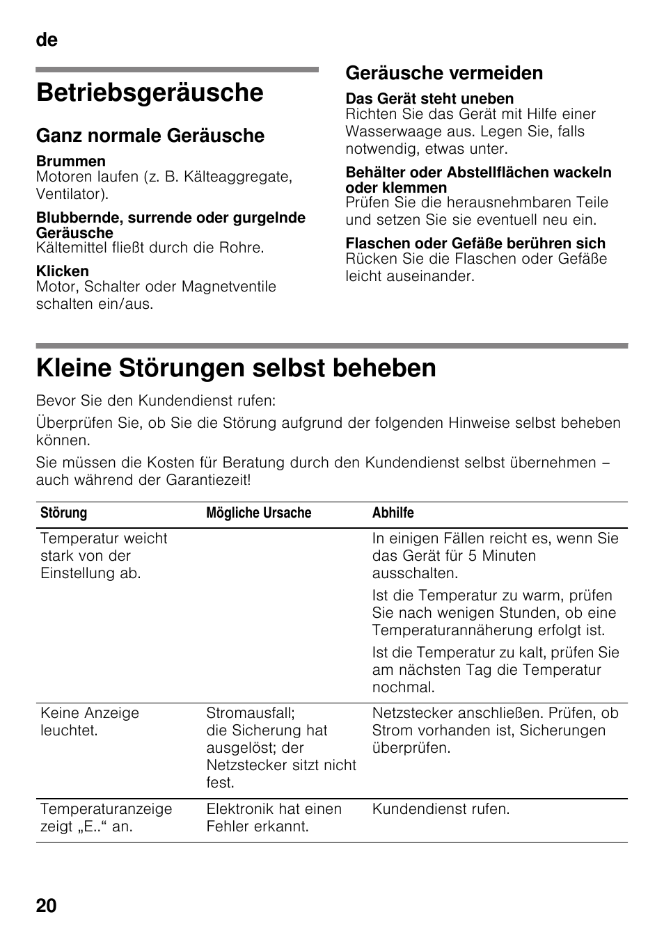 Betriebsgeräusche, Ganz normale geräusche, Brummen | Blubbernde, surrende oder gurgelnde geräusche, Klicken, Geräusche vermeiden, Das gerät steht uneben, Behälter oder abstellflächen wackeln oder klemmen, Flaschen oder gefäße berühren sich, Kleine störungen selbst beheben | Neff KI2223D30 User Manual | Page 20 / 104