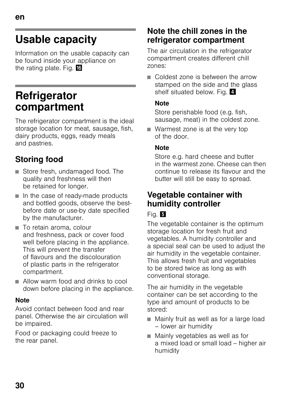 Usable capacity, Refrigerator compartment, Storing food | Note, Warmest zone is at the very top of the door, Vegetable container with humidity controller, Usable capacity refrigerator compartment, En 30 | Neff KI2223D30 User Manual | Page 30 / 104