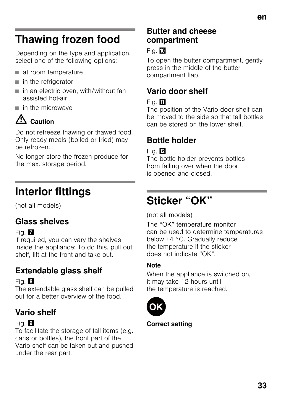 Thawing frozen food, At room temperature, In the refrigerator | In the microwave, Interior fittings, Glass shelves, Extendable glass shelf, Vario shelf, Butter and cheese compartment, Vario door shelf | Neff KI2223D30 User Manual | Page 33 / 104