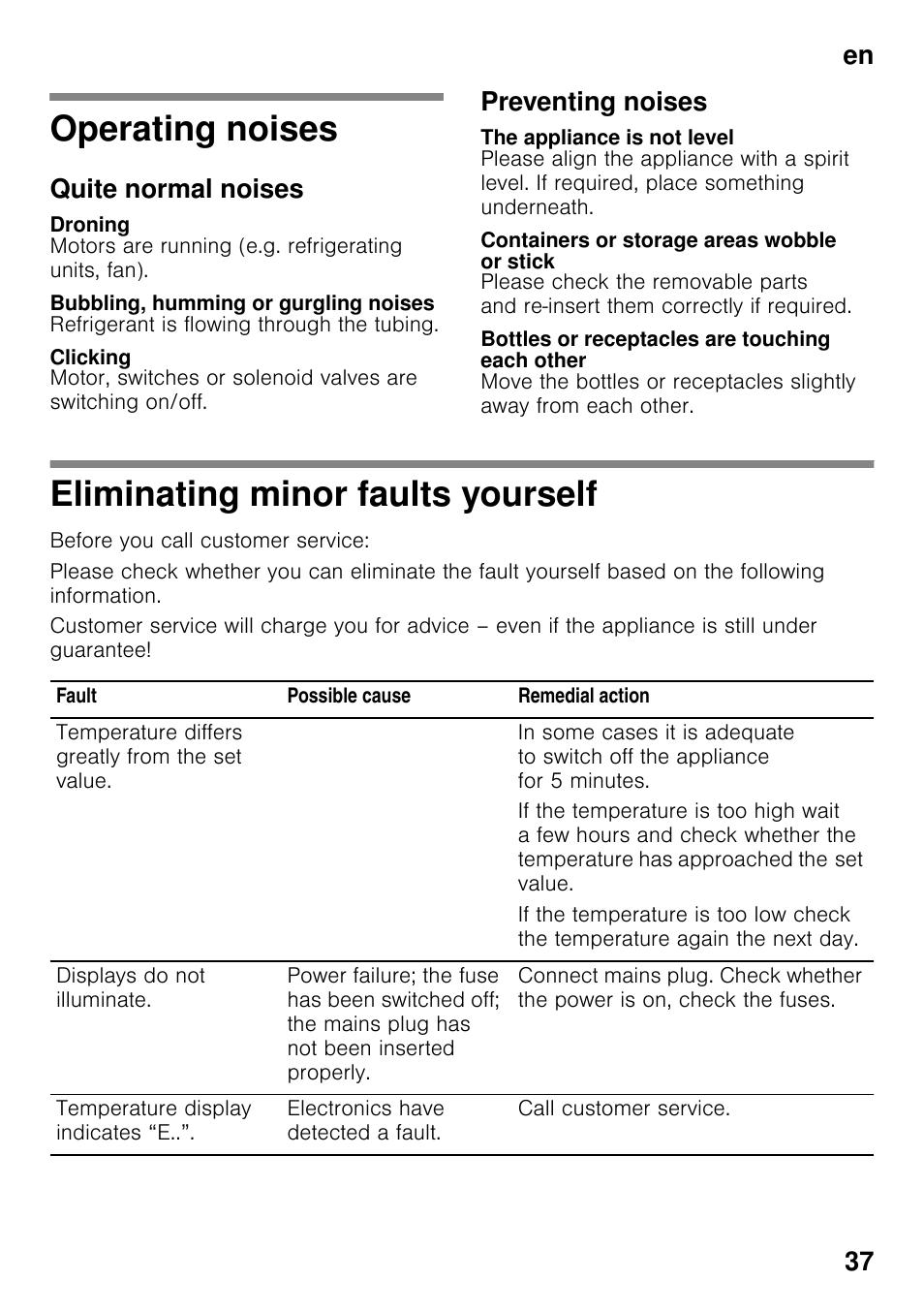 Operating noises, Quite normal noises, Droning | Bubbling, humming or gurgling noises, Clicking, Preventing noises, The appliance is not level, Containers or storage areas wobble or stick, Bottles or receptacles are touching each other, Eliminating minor faults yourself | Neff KI2223D30 User Manual | Page 37 / 104