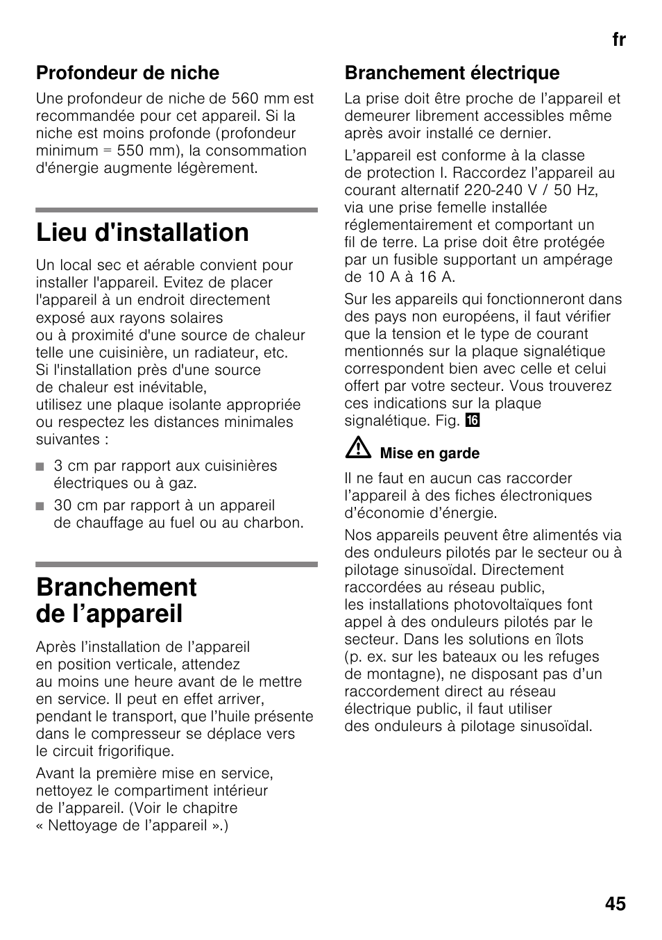 Profondeur de niche, Lieu d'installation, Branchement de l’appareil | Branchement électrique, Lieu d'installation branchement de l’appareil, Fr 45 profondeur de niche | Neff KI2223D30 User Manual | Page 45 / 104