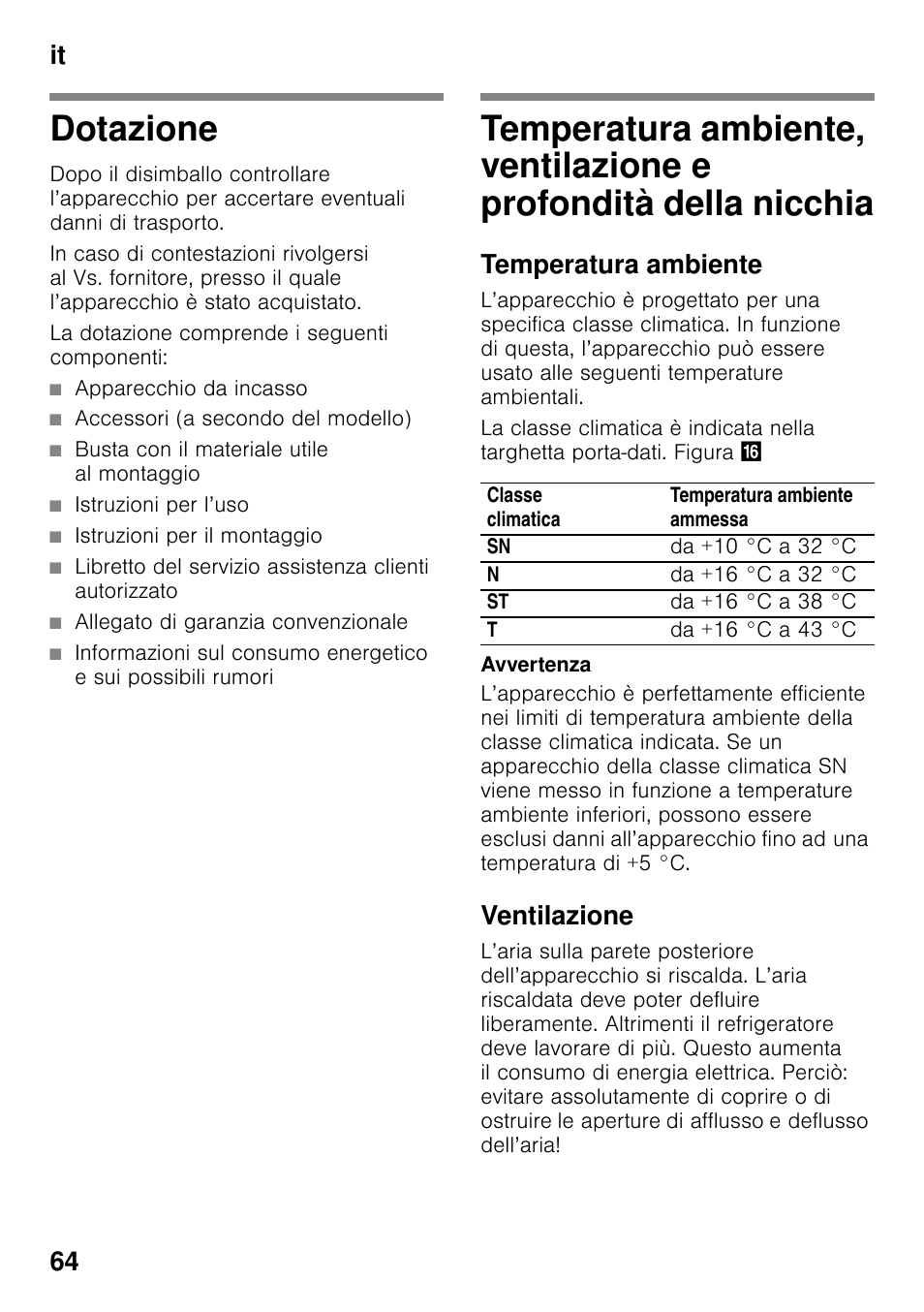 Dotazione, La dotazione comprende i seguenti componenti, Apparecchio da incasso | Accessori (a secondo del modello), Busta con il materiale utile al montaggio, Istruzioni per l’uso, Istruzioni per il montaggio, Allegato di garanzia convenzionale, Temperatura ambiente, Ventilazione | Neff KI2223D30 User Manual | Page 64 / 104