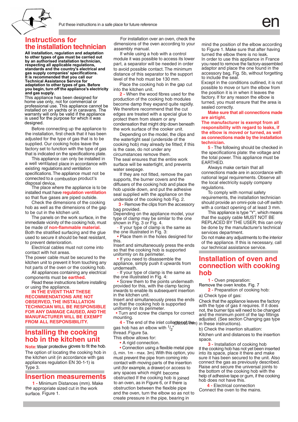 Instructions for the installation technician, Installing the cooking hob in the kitchen unit, Insertion measurements | Neff M3126N1 User Manual | Page 5 / 28