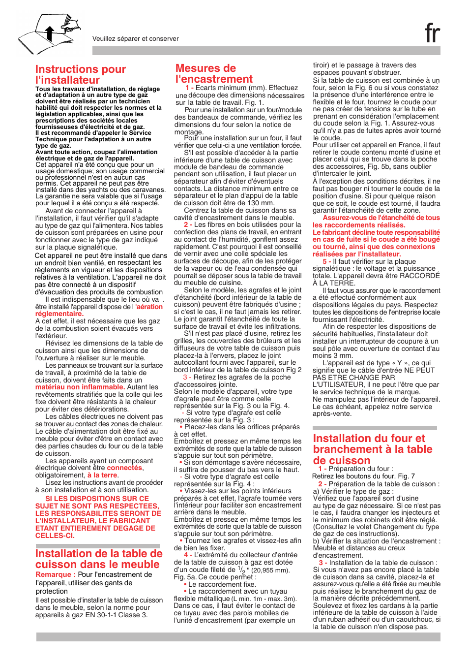 L'installateur, Installation de la table de cuisson dans le meuble, Mesures de l'encastrement | Instructions pour | Neff M3126N1 User Manual | Page 9 / 28