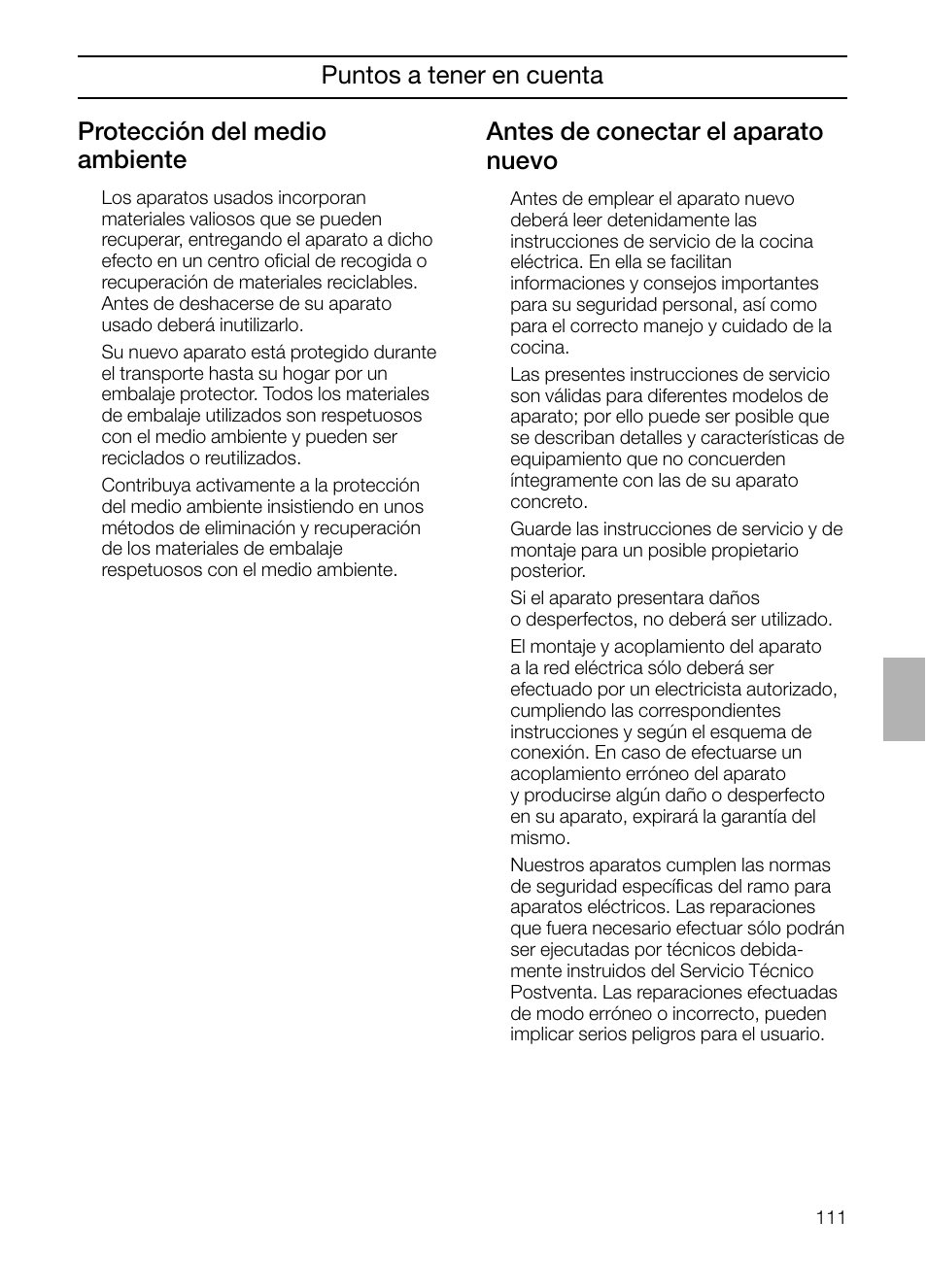 Protección del medio ambiente, Antes de conectar el aparato nuevo, Puntos a tener en cuenta | Neff B132 User Manual | Page 111 / 156