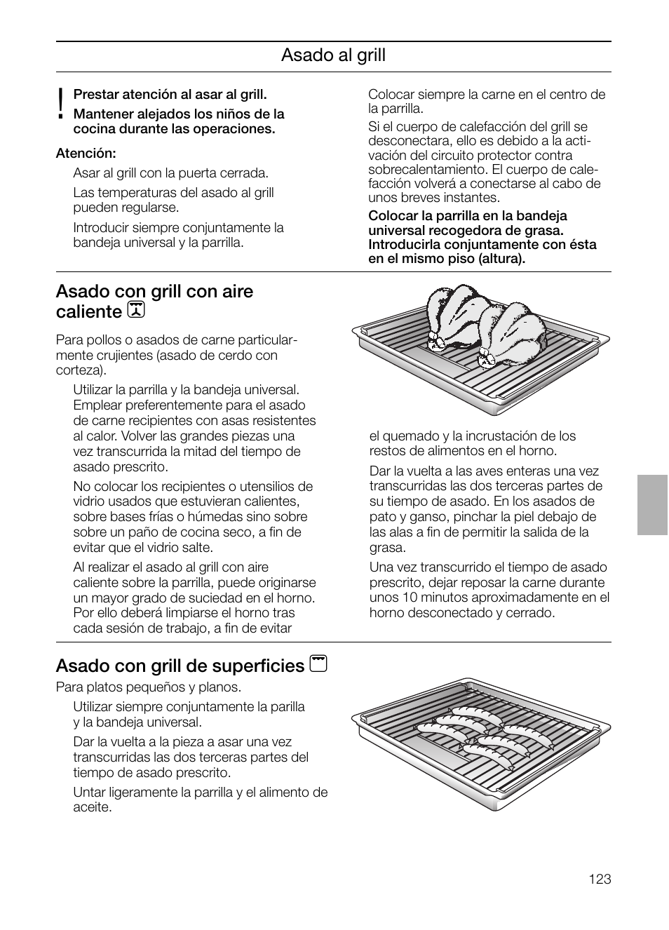 Asado al grill asado con grill de superficies, Asado con grill con aire caliente | Neff B132 User Manual | Page 123 / 156