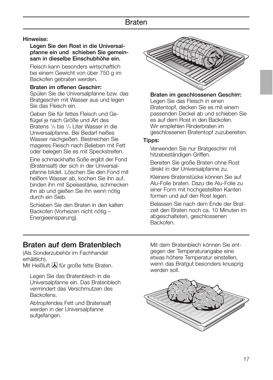 Braten, Braten auf dem bratenblech | Neff B132 User Manual | Page 17 / 156