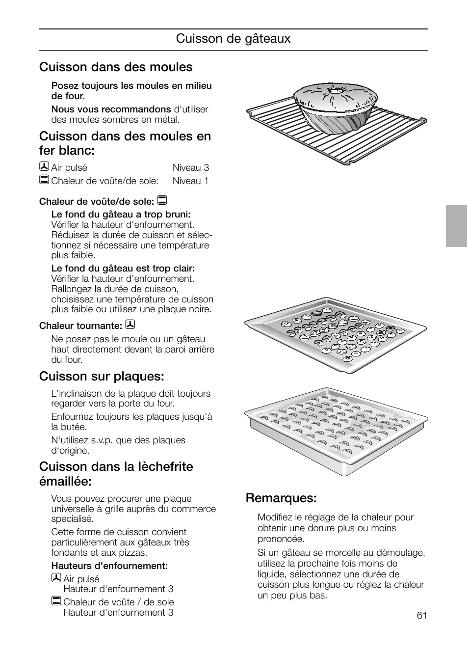 Cuisson de gâteaux cuisson dans des moules, Cuisson dans des moules en fer blanc, Cuisson sur plaques | Cuisson dans la lèchefrite émaillée, Remarques | Neff B132 User Manual | Page 61 / 156