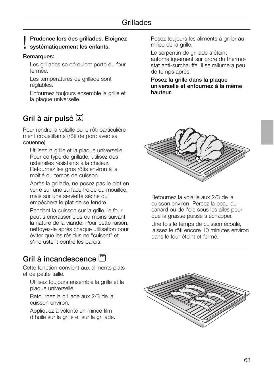 Grillades gril à incandescence, Gril à air pulsé | Neff B132 User Manual | Page 63 / 156