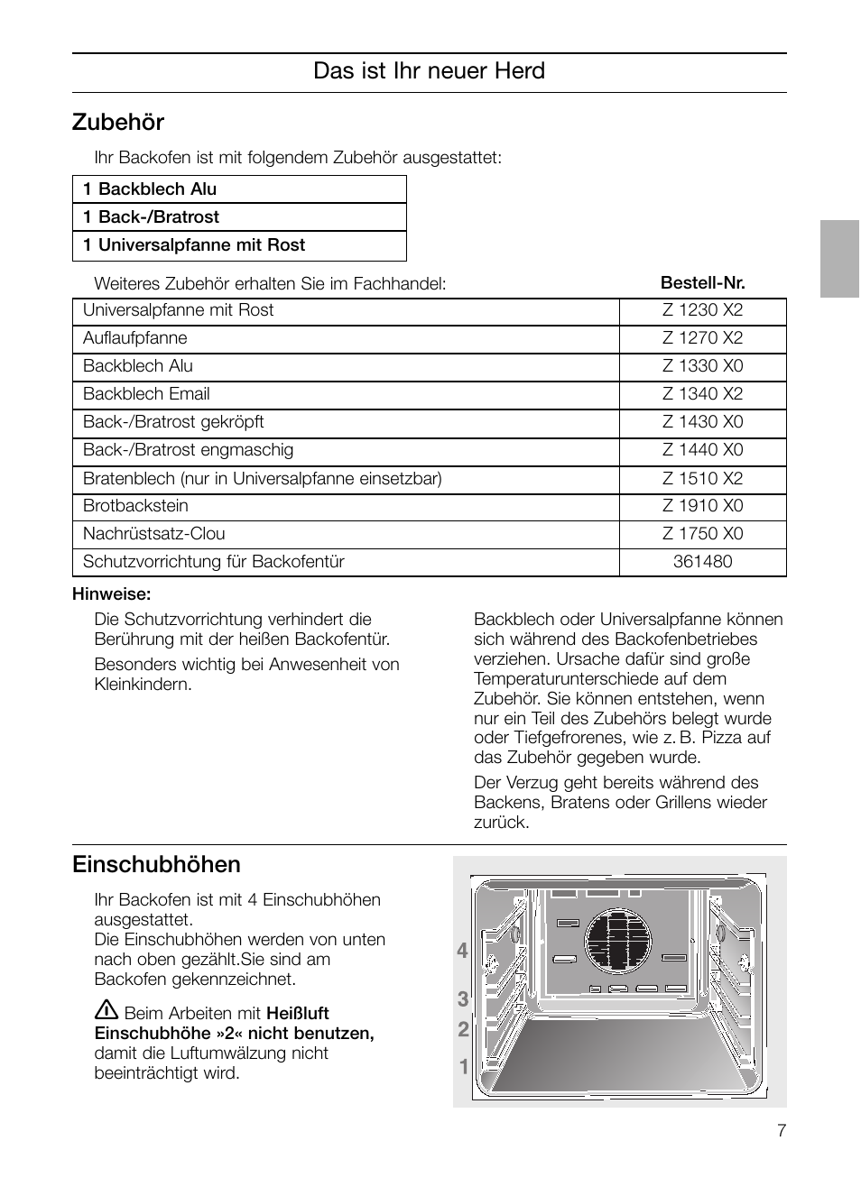 Das ist ihr neuer herd, Einschubhöhen, Zubehör | Neff B132 User Manual | Page 7 / 156