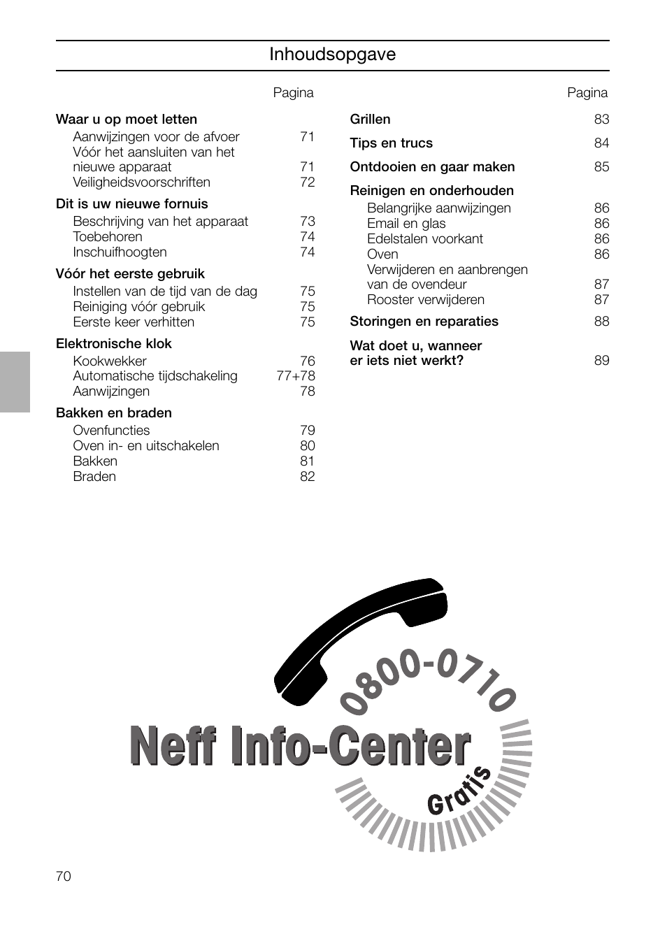 Inhoudsopgave | Neff B132 User Manual | Page 70 / 156