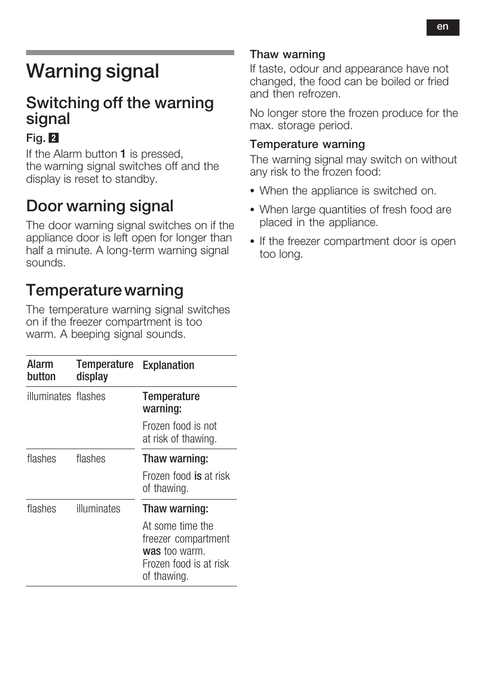 Warning signal, Switching off the warning signal, Door warning signal | Temperature warning | Neff K8341X0 User Manual | Page 27 / 100