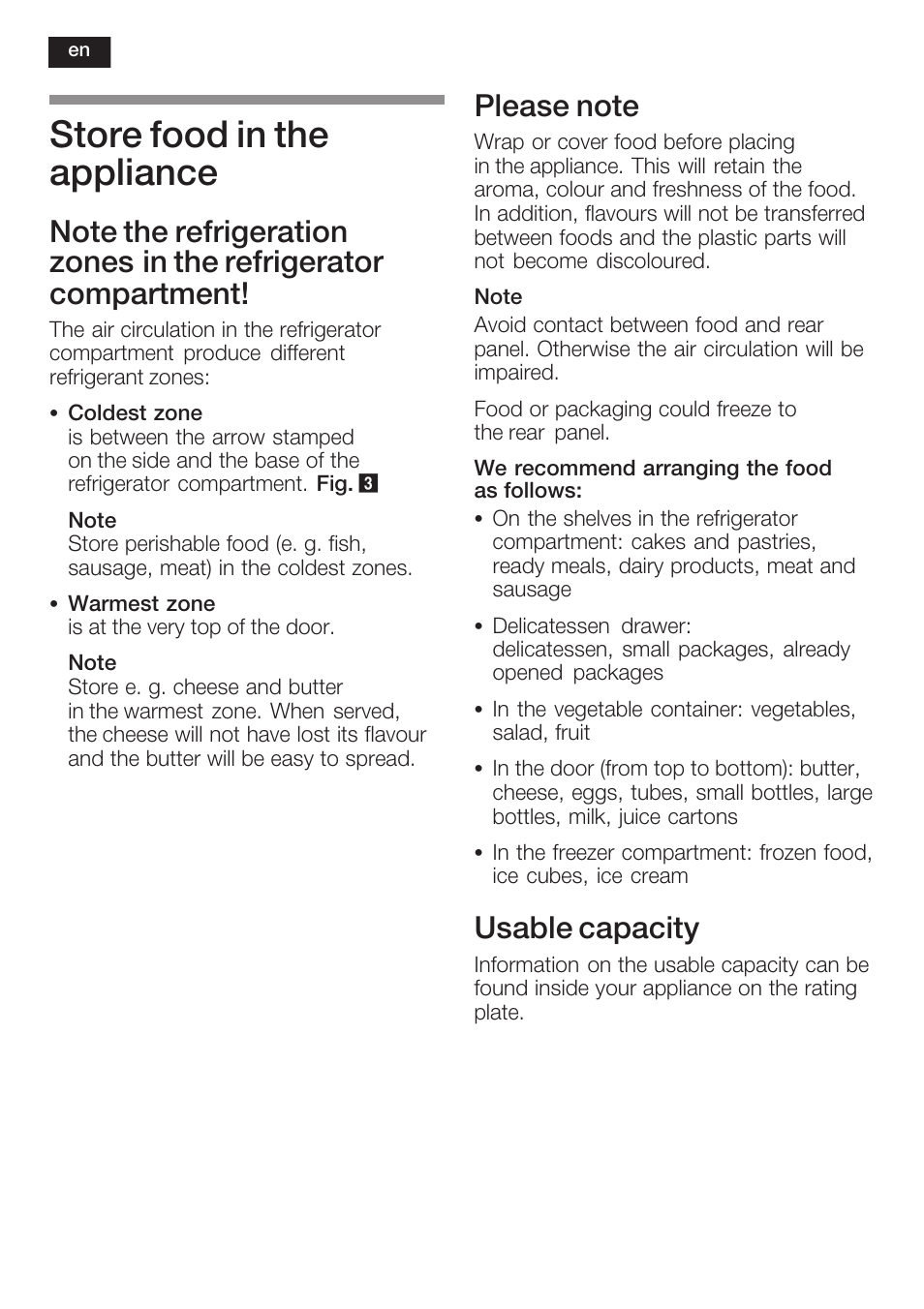 Store food in the appliance, Usable capacity | Neff K8341X0 User Manual | Page 28 / 100