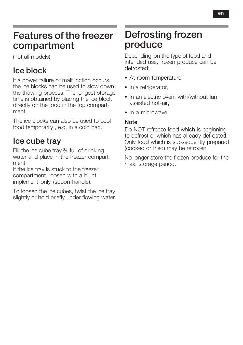 Features of the freezer compartment, Defrosting frozen produce, Ice block | Ice cube tray | Neff K8341X0 User Manual | Page 33 / 100