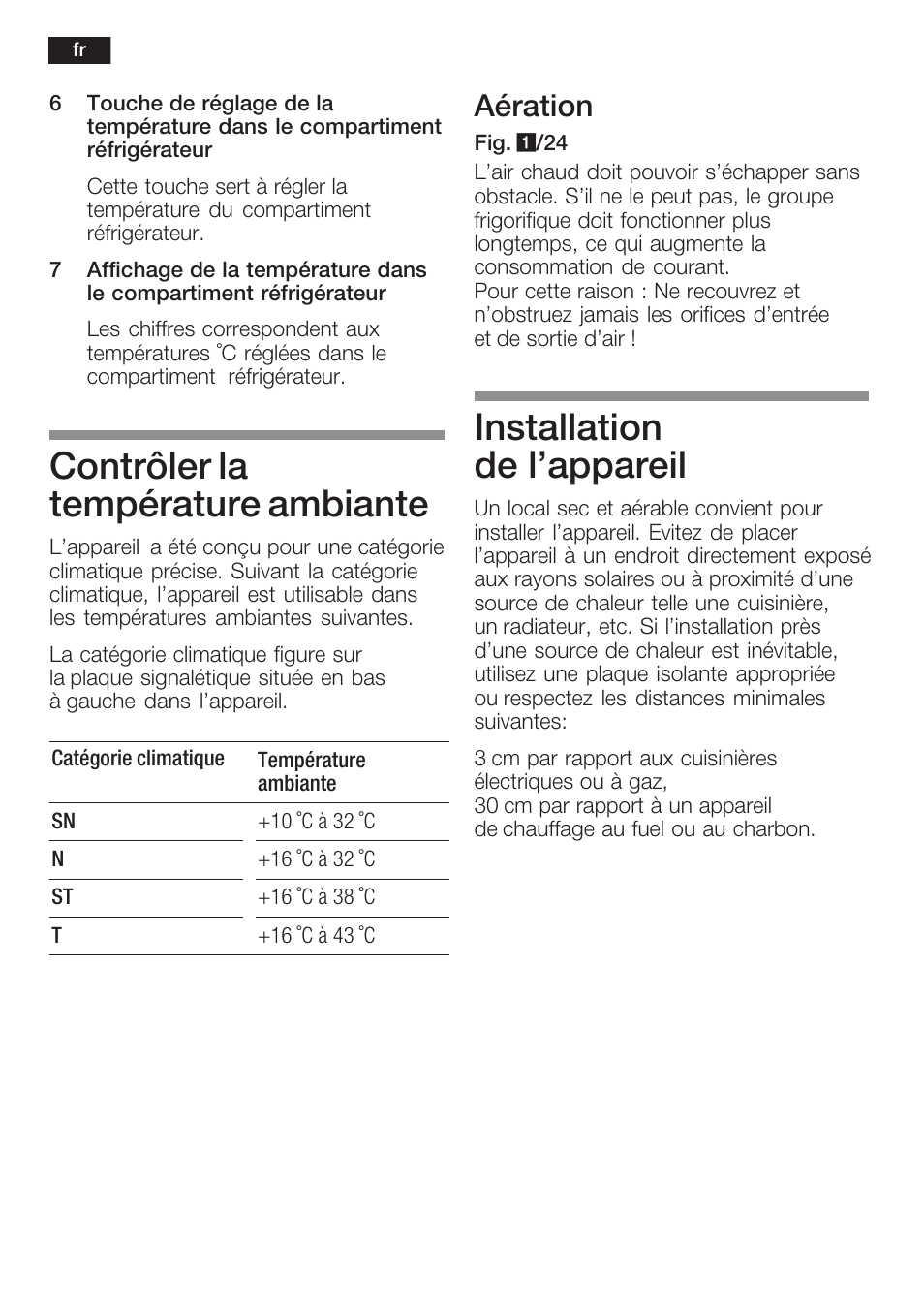 Contrôler la température ambiante, Installation de l'appareil, Aération | Neff K8341X0 User Manual | Page 44 / 100