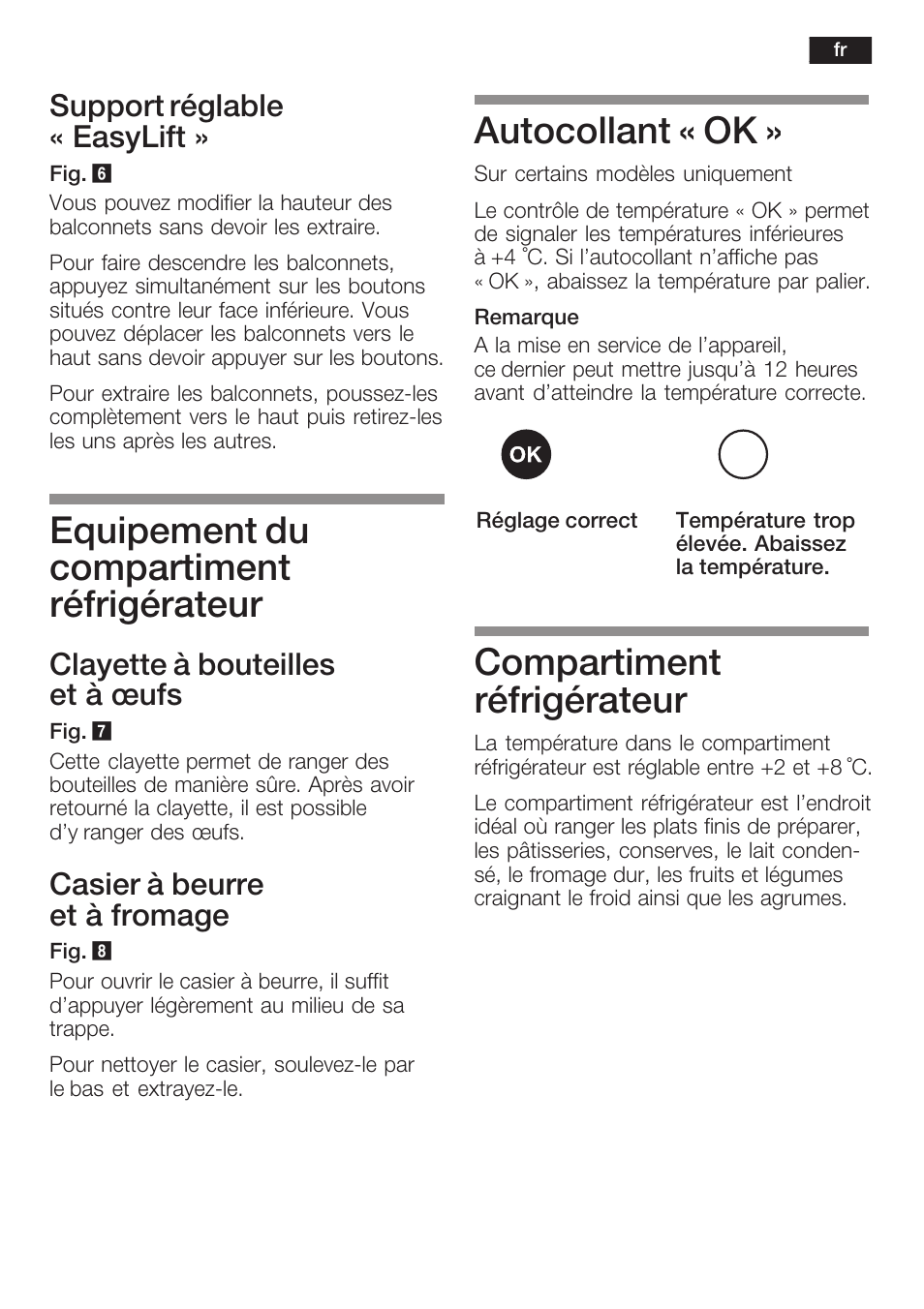 Equipement du compartiment réfrigérateur, Autocollant « ok, Compartiment réfrigérateur | Support réglable « easylift, Clayette à bouteilles et à ĺufs, Casier à beurre et à fromage | Neff K8341X0 User Manual | Page 49 / 100