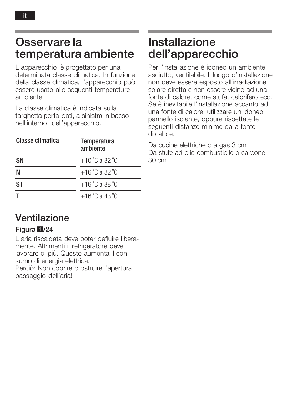 Osservare la temperatura ambiente, Installazione dell'apparecchio, Ventilazione | Neff K8341X0 User Manual | Page 64 / 100
