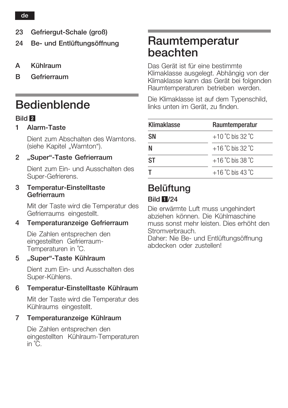 Bedienblende, Raumtemperatur beachten, Belüftung | Neff K8341X0 User Manual | Page 8 / 100