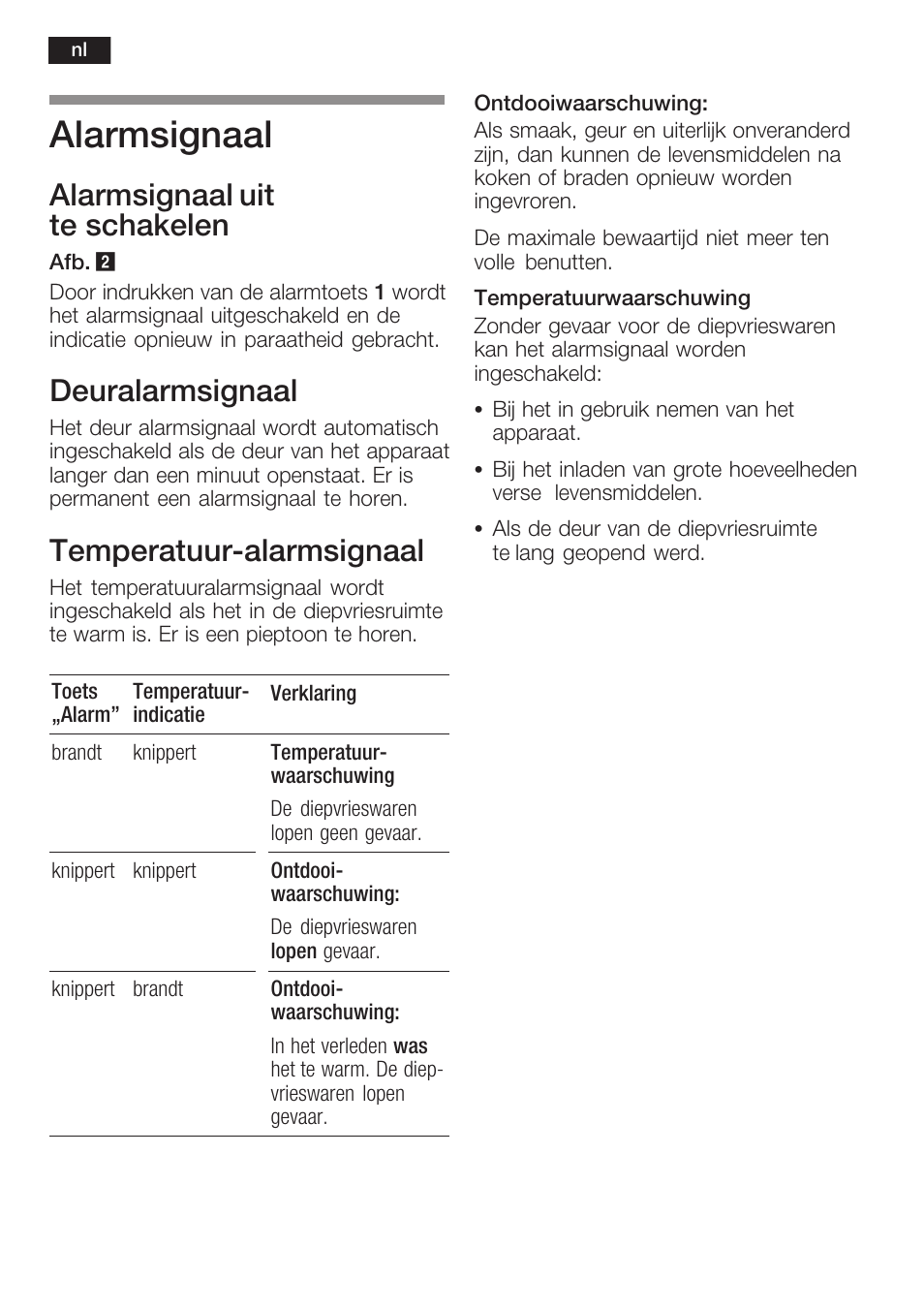 Alarmsignaal, Alarmsignaal uit te schakelen, Deuralarmsignaal | Temperatuurćalarmsignaal | Neff K8341X0 User Manual | Page 84 / 100