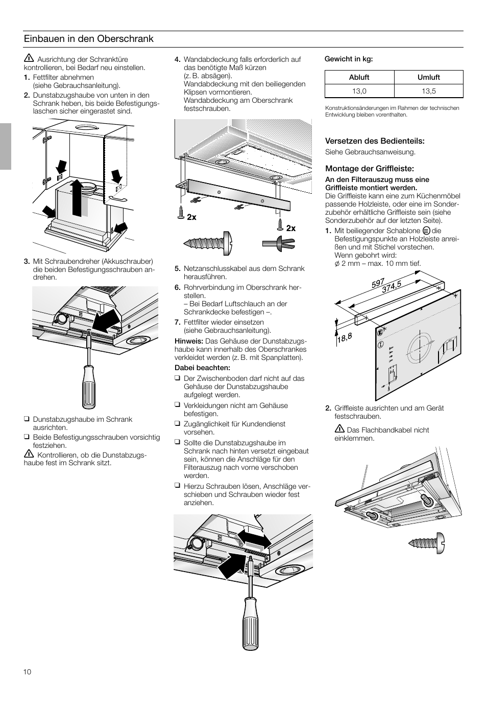 Einbauen in den oberschrank | Neff D4692X0 User Manual | Page 10 / 68