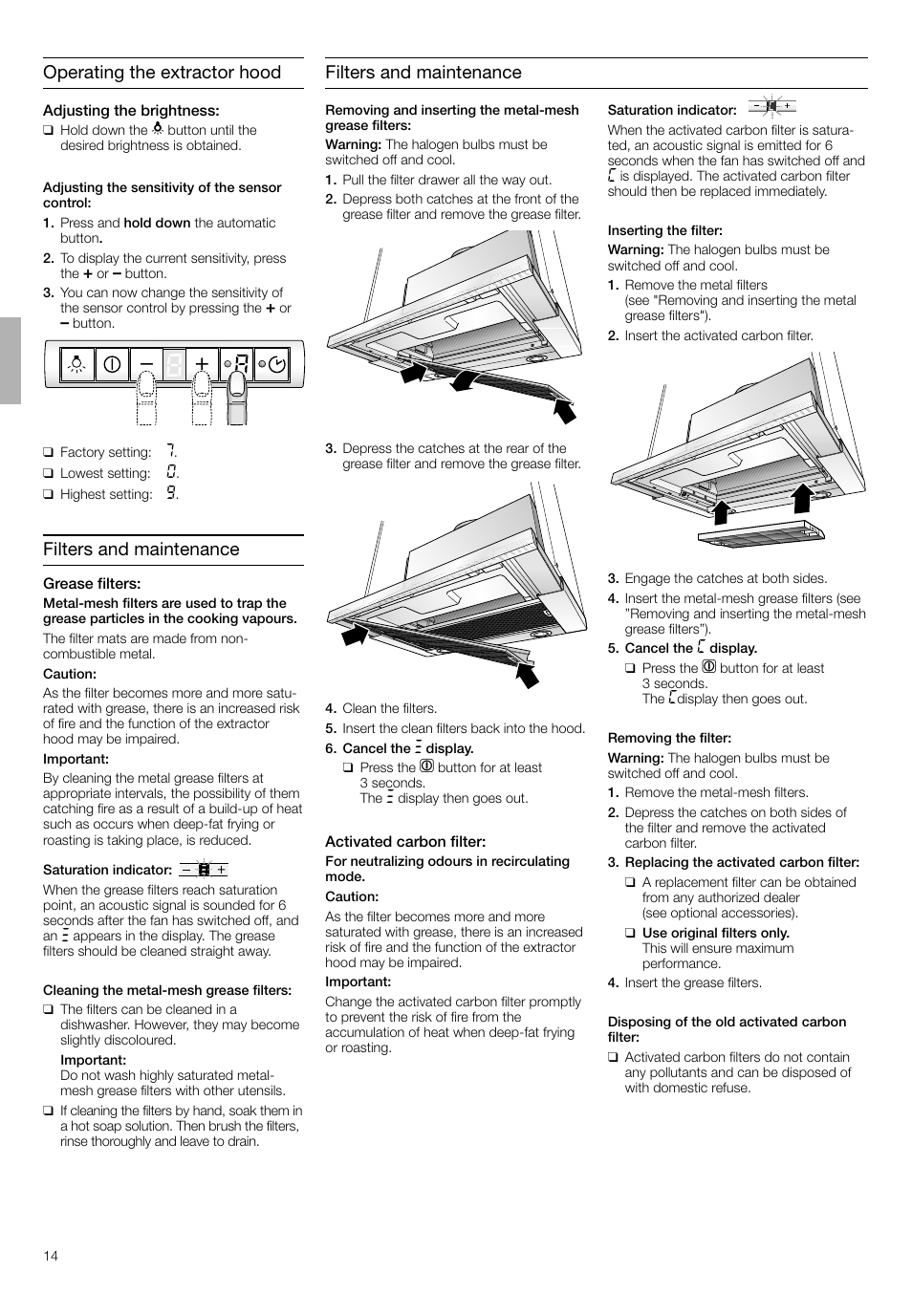 Operating the extractor hood, Filters and maintenance | Neff D4692X0 User Manual | Page 14 / 68