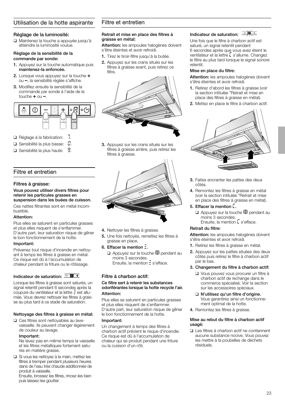 Utilisation de la hotte aspirante, Filtre et entretien | Neff D4692X0 User Manual | Page 23 / 68