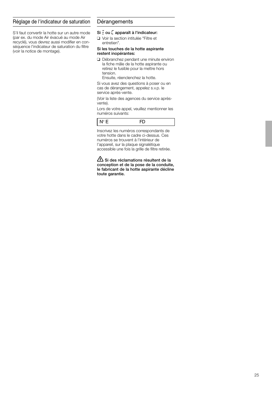Réglage de l'indicateur de saturation, Dérangements | Neff D4692X0 User Manual | Page 25 / 68