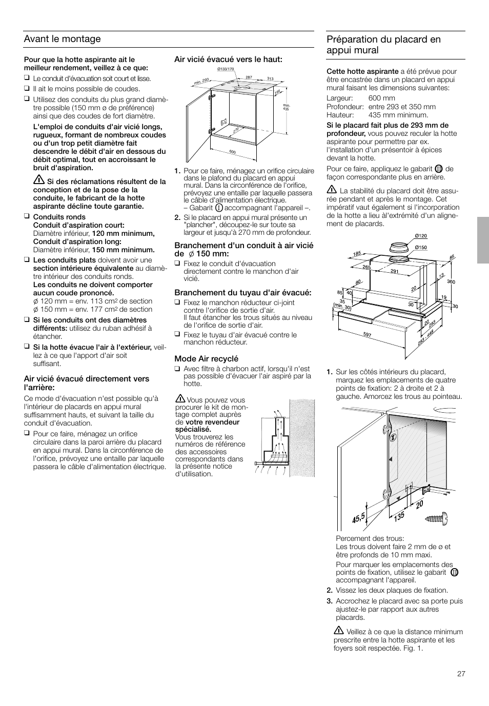 Avant le montage, Préparation du placard en appui mural | Neff D4692X0 User Manual | Page 27 / 68