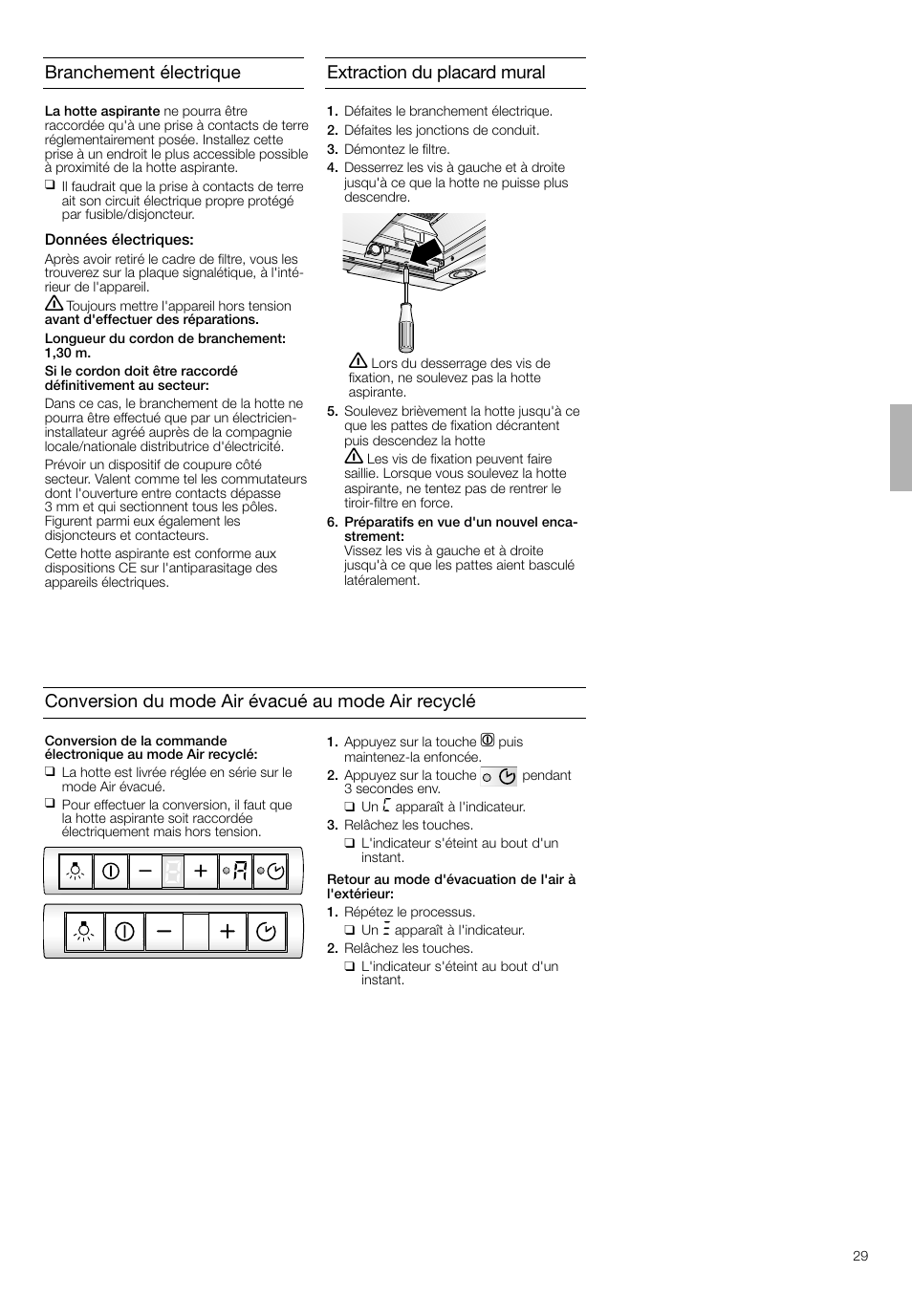 Extraction du placard mural, Branchement électrique, Conversion du mode air évacué au mode air recyclé | Neff D4692X0 User Manual | Page 29 / 68