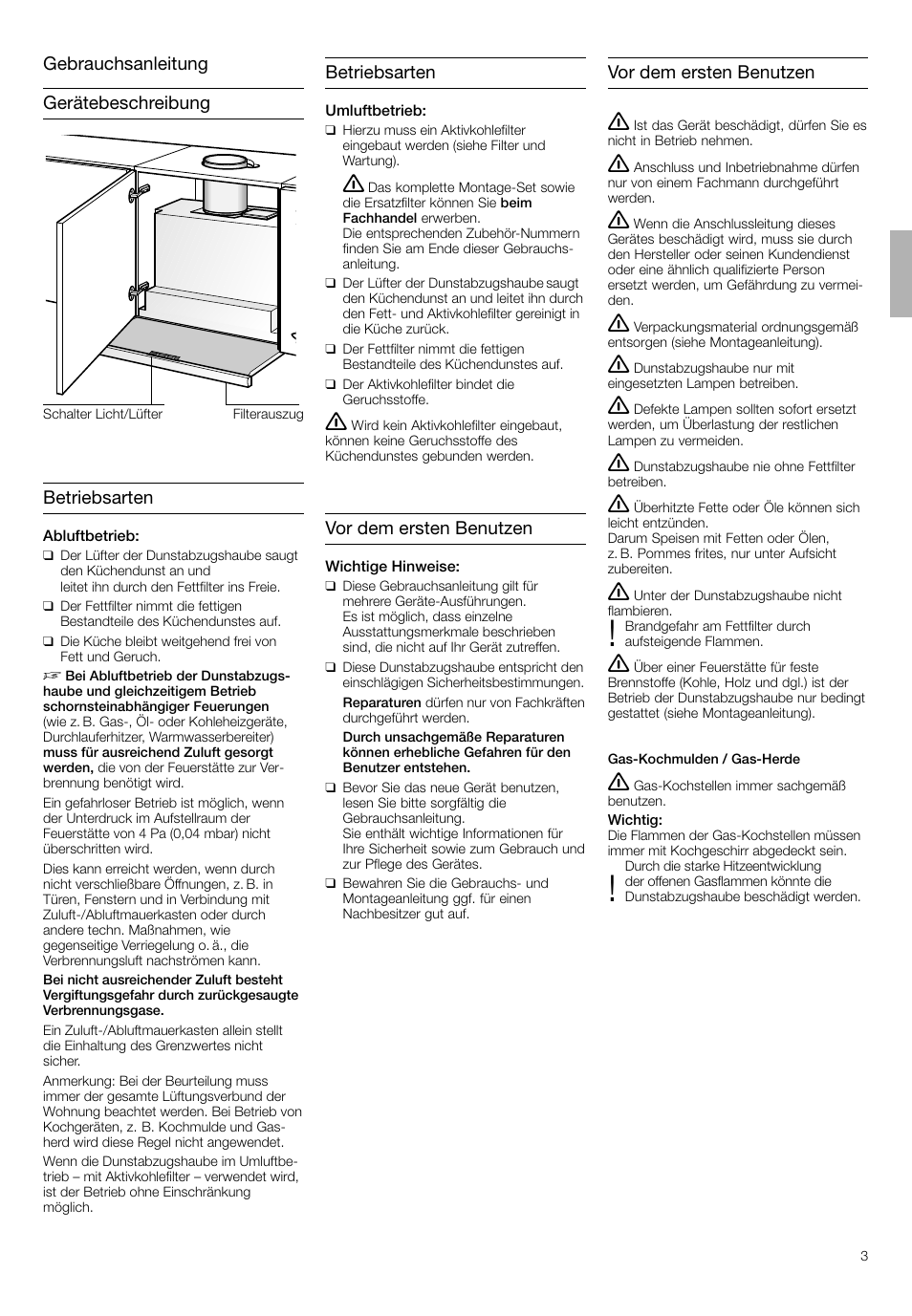 Gerätebeschreibung betriebsarten betriebsarten, Gebrauchsanleitung, Vor dem ersten benutzen | Neff D4692X0 User Manual | Page 3 / 68