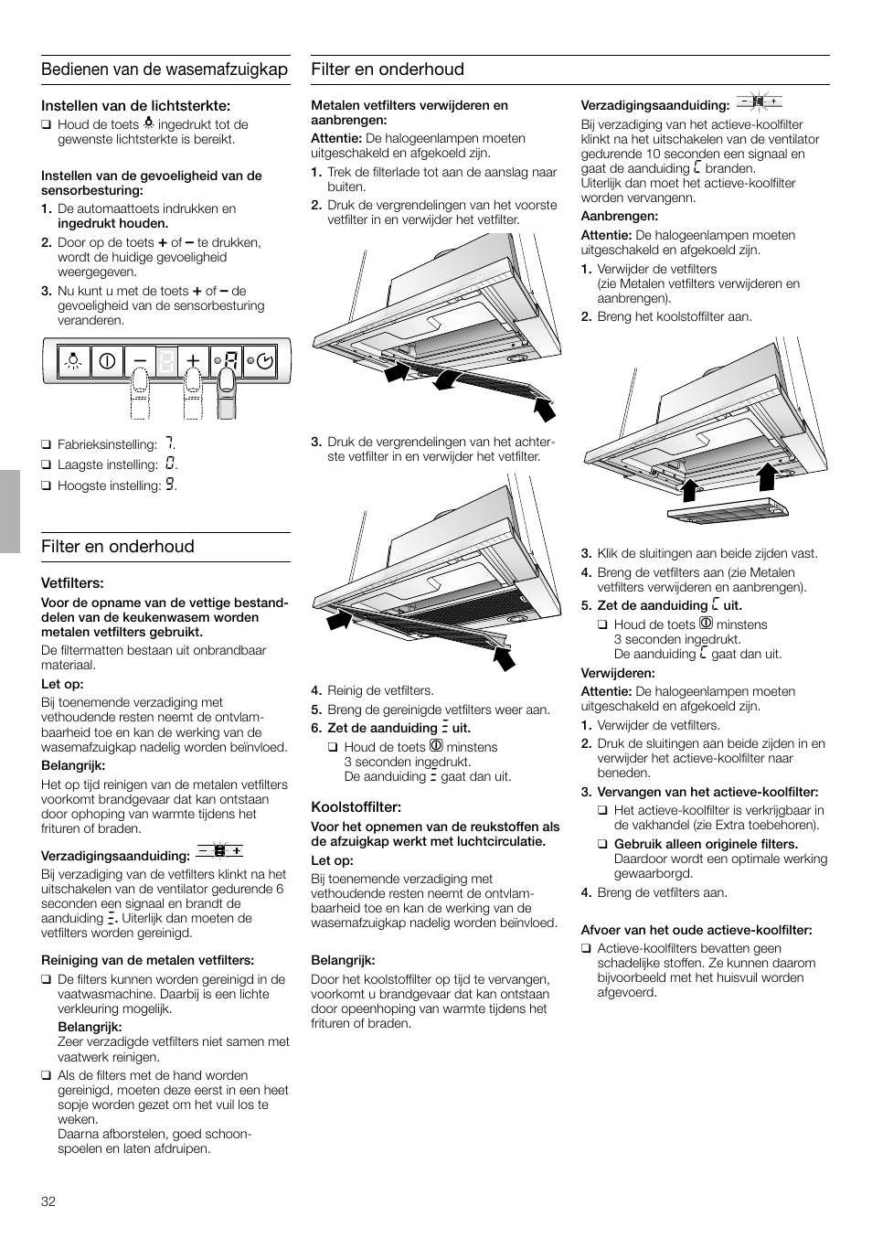 Bedienen van de wasemafzuigkap, Filter en onderhoud | Neff D4692X0 User Manual | Page 32 / 68