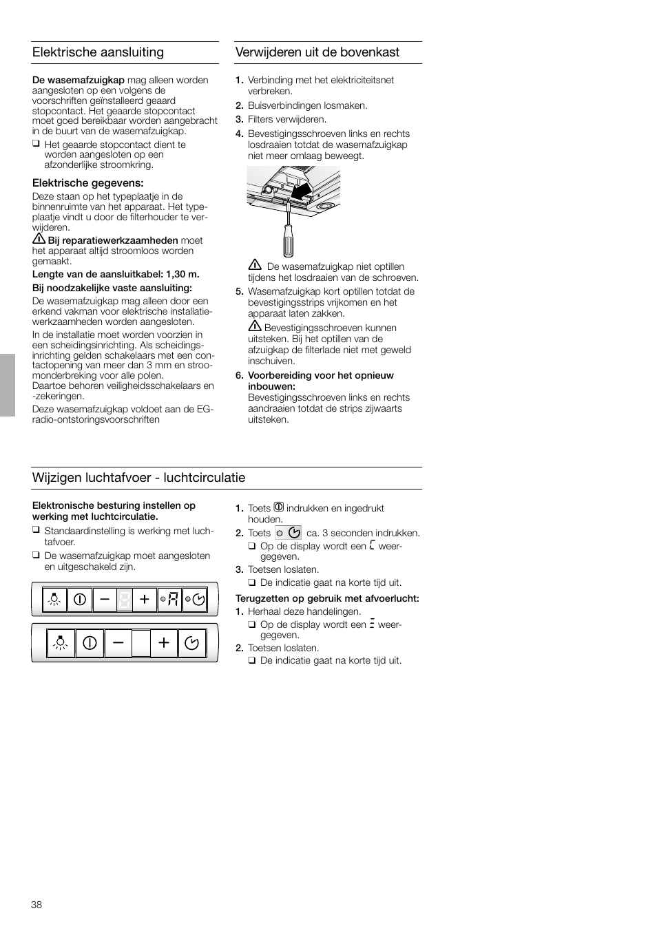 Verwijderen uit de bovenkast, Elektrische aansluiting, Wijzigen luchtafvoer - luchtcirculatie | Neff D4692X0 User Manual | Page 38 / 68