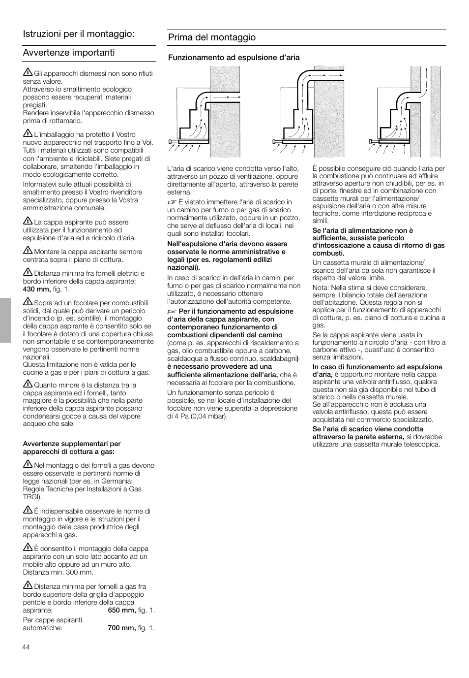 Avvertenze importanti istruzioni per il montaggio, Prima del montaggio | Neff D4692X0 User Manual | Page 44 / 68