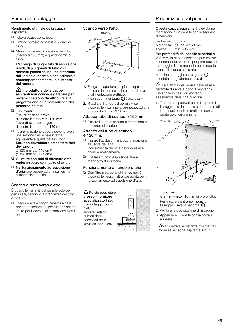 Prima del montaggio, Preparazione del pensile | Neff D4692X0 User Manual | Page 45 / 68