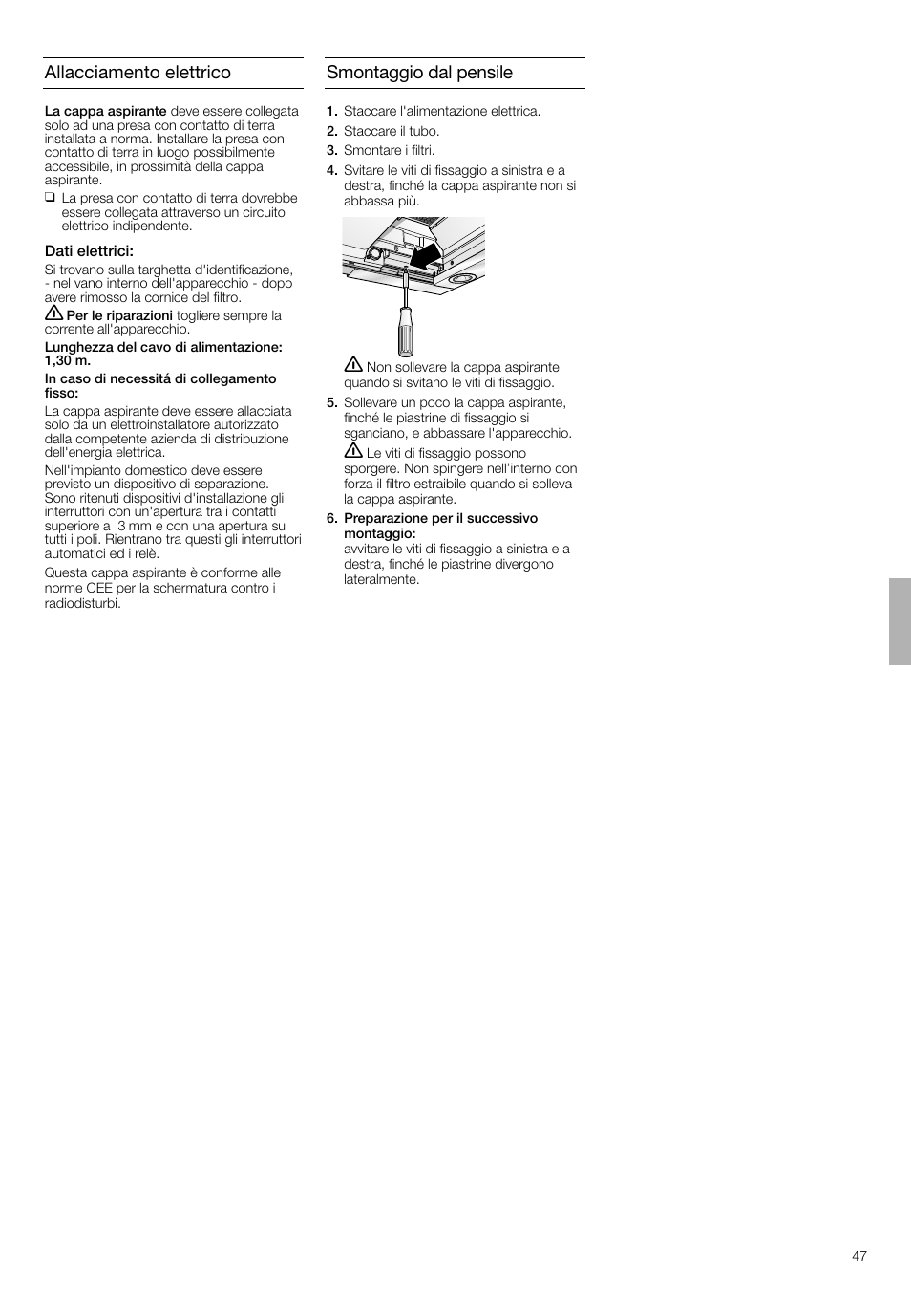 Smontaggio dal pensile, Allacciamento elettrico | Neff D4692X0 User Manual | Page 47 / 68